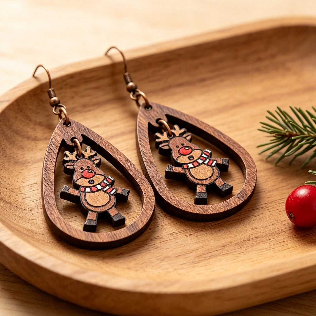 Cartoon Red-Nosed Little Deer Wooden Earrings