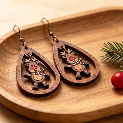 Cartoon Red-Nosed Little Deer Wooden Earrings