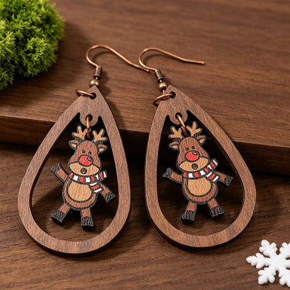Cartoon Red-Nosed Little Deer Wooden Earrings