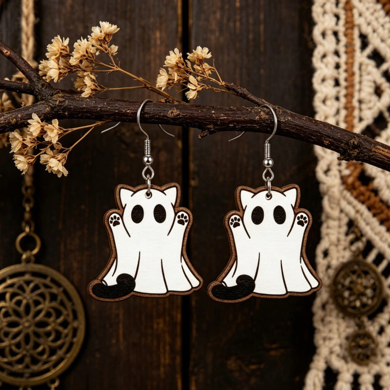 Halloween Ghost Cat Wooden Earrings