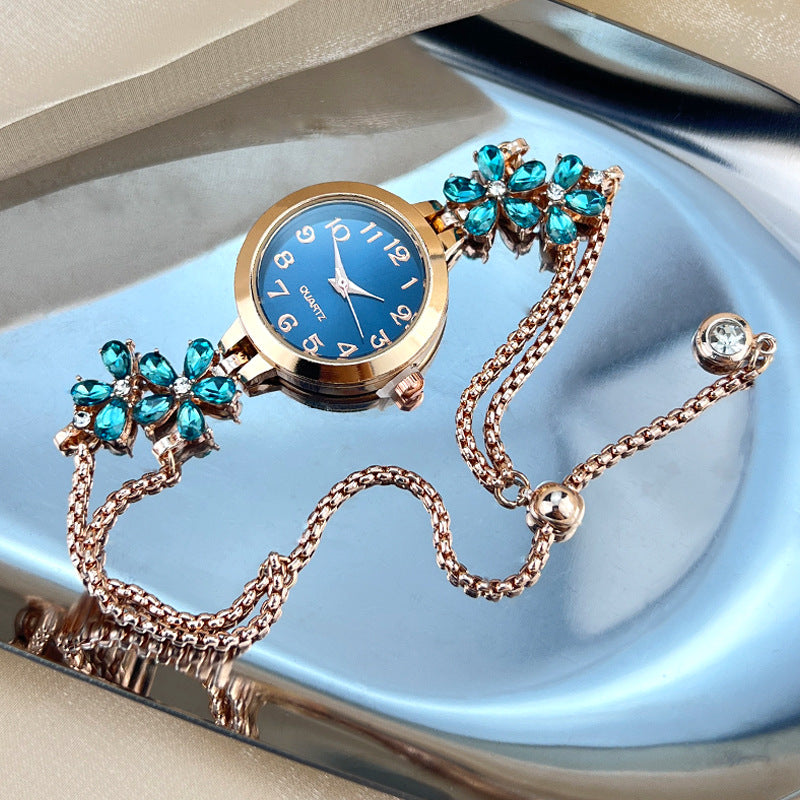 Diamond-Studded Flower-Shaped Colored Watch Bracelet