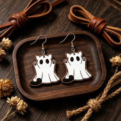 Halloween Ghost Cat Wooden Earrings