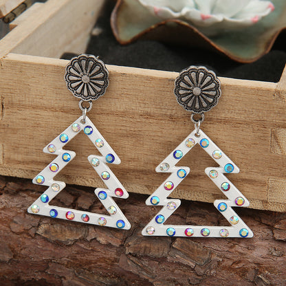 Colorful Diamond Hollowed-out White Christmas Tree Earrings
