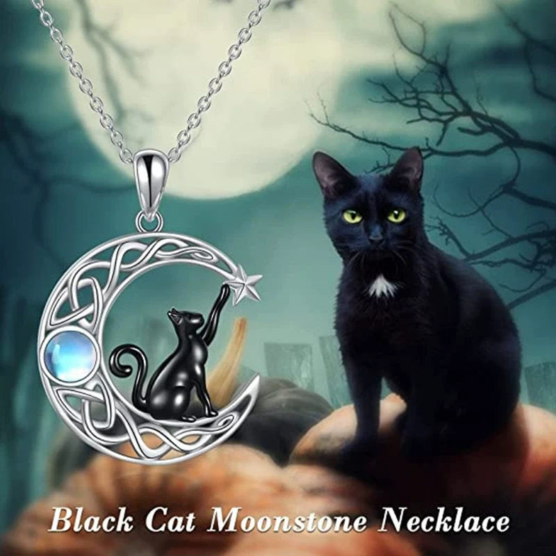 Moonstone Starry Black Cat Necklace