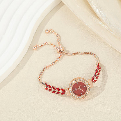 Diamond-encrusted Leaf-shaped Quartz Bracelet Watch