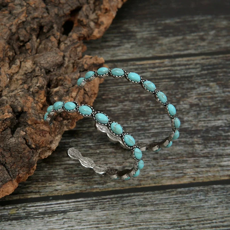 Large Circle C-Shaped Turquoise Earrings