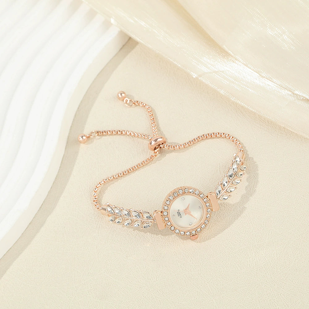 Diamond-encrusted Leaf-shaped Quartz Bracelet Watch