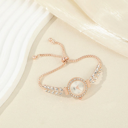 Diamond-encrusted Leaf-shaped Quartz Bracelet Watch
