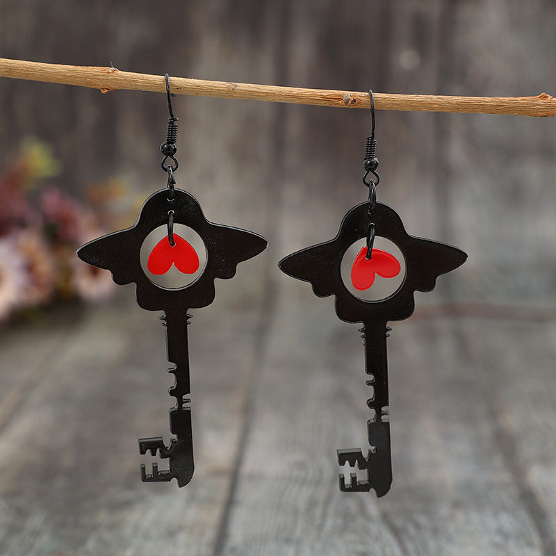 Red Heart Key Hollowed-out Acrylic Earrings