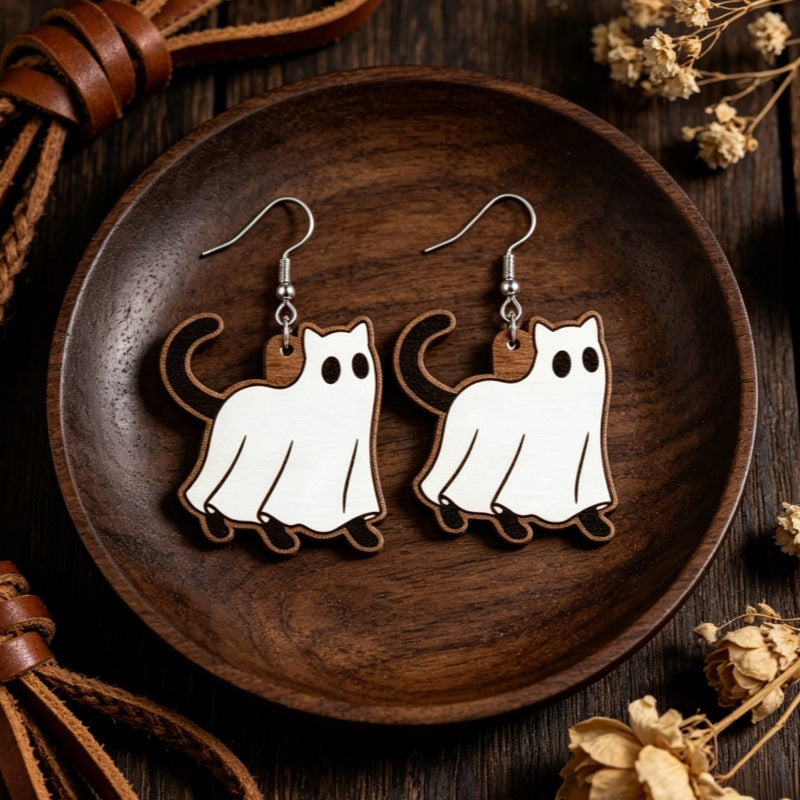 Halloween Ghost Cat Wooden Earrings