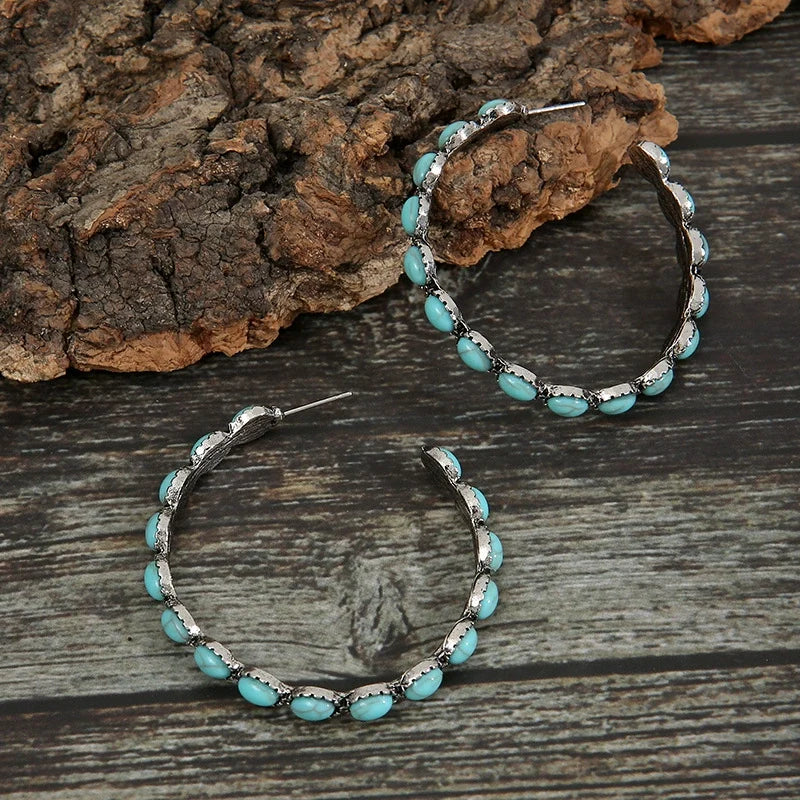Large Circle C-Shaped Turquoise Earrings
