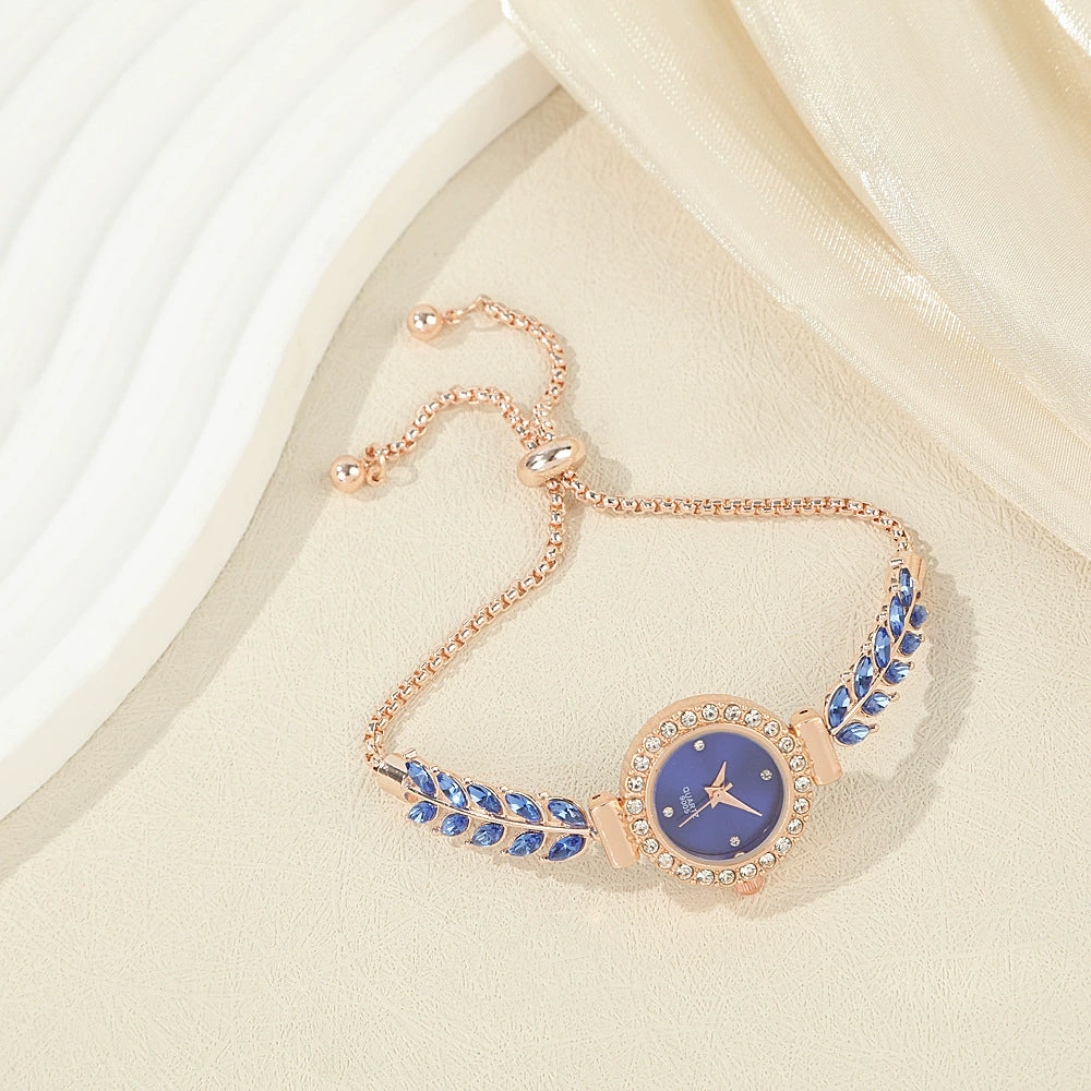 Diamond-encrusted Leaf-shaped Quartz Bracelet Watch