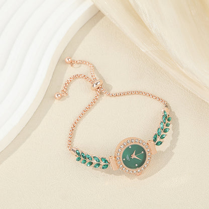 Diamond-encrusted Leaf-shaped Quartz Bracelet Watch