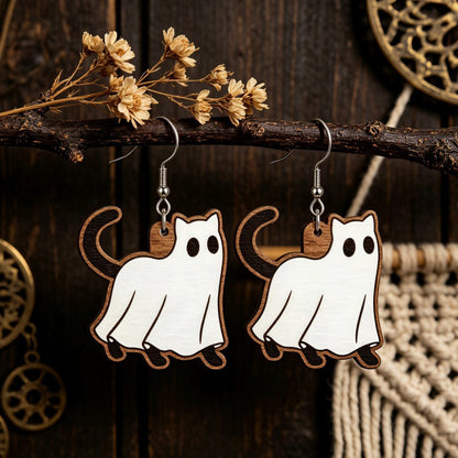 Halloween Ghost Cat Wooden Earrings