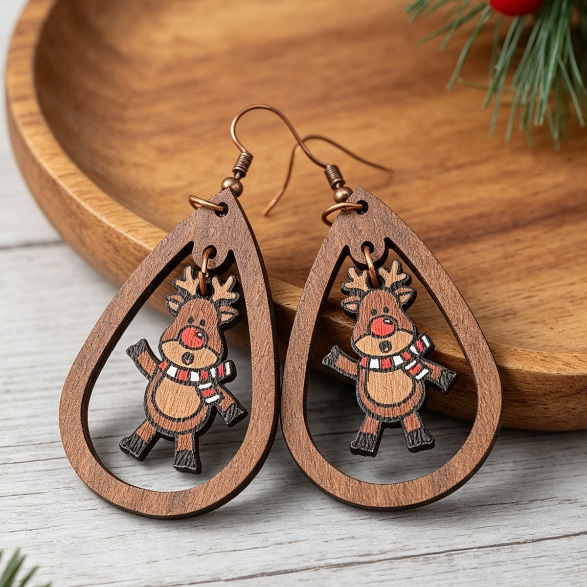 Cartoon Red-Nosed Little Deer Wooden Earrings