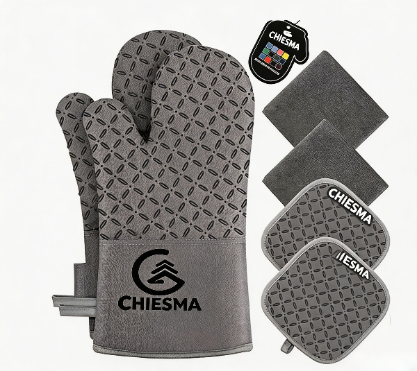 CHIESMA 500°F Heat Resistant Silicone Pot Holders Non-Slip Oven Mitts Thick Padded for Kitchen Cooking Baking Grilling