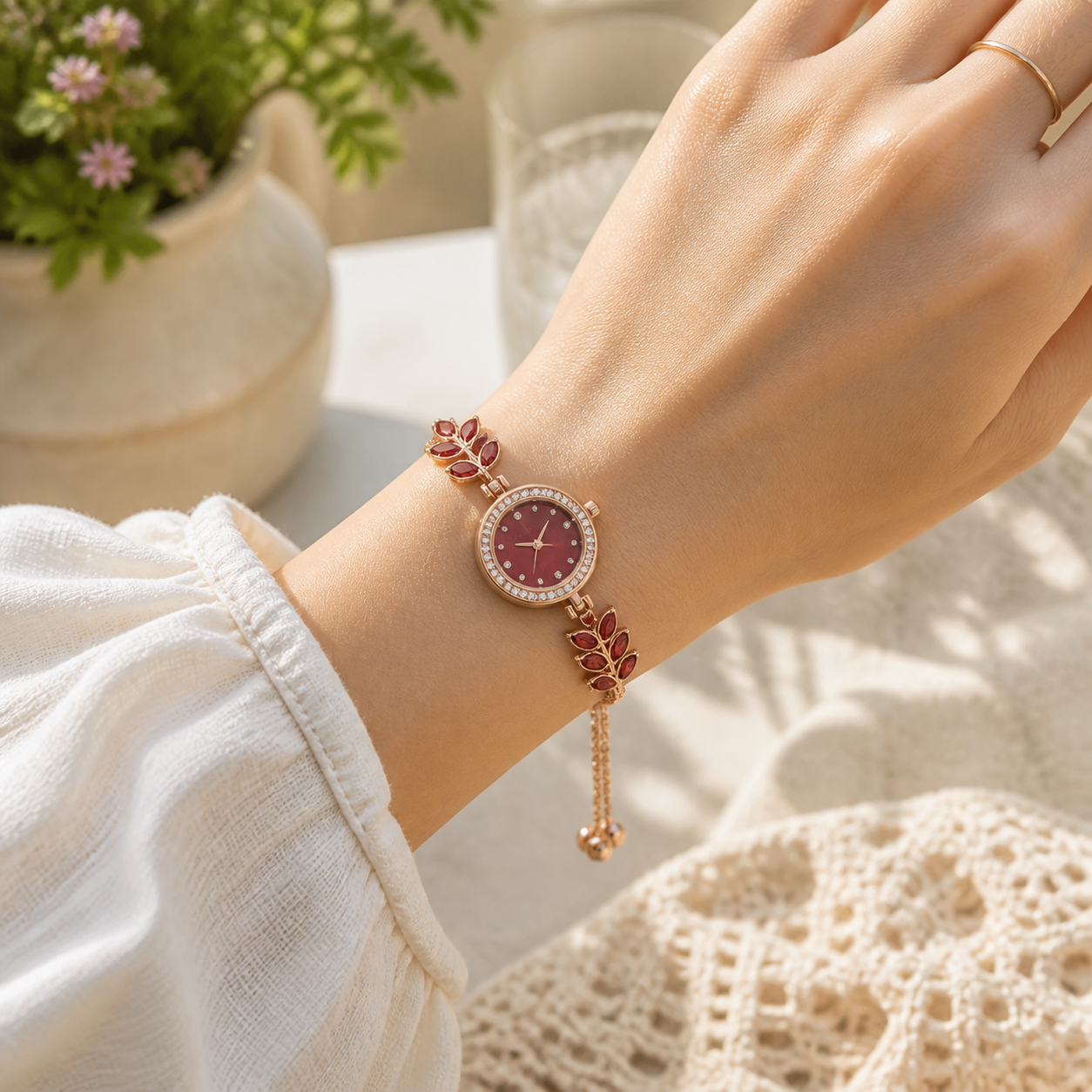 Diamond-encrusted Leaf-shaped Quartz Bracelet Watch