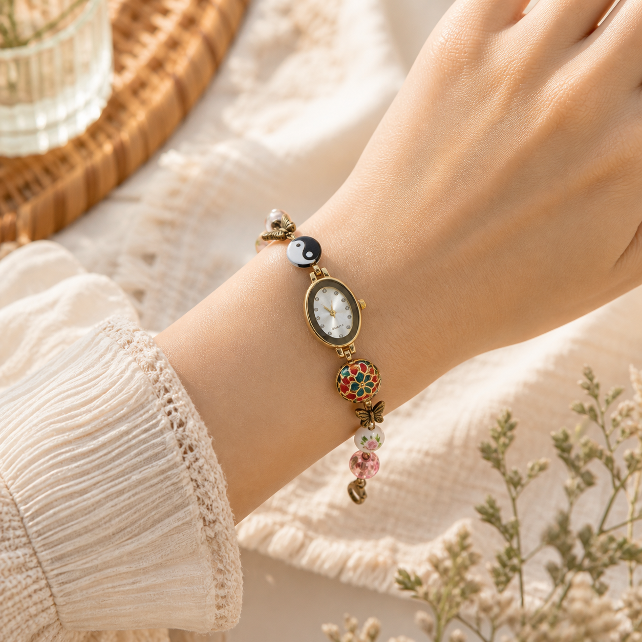 Retro Oval Enamel Bead Bracelet Watch