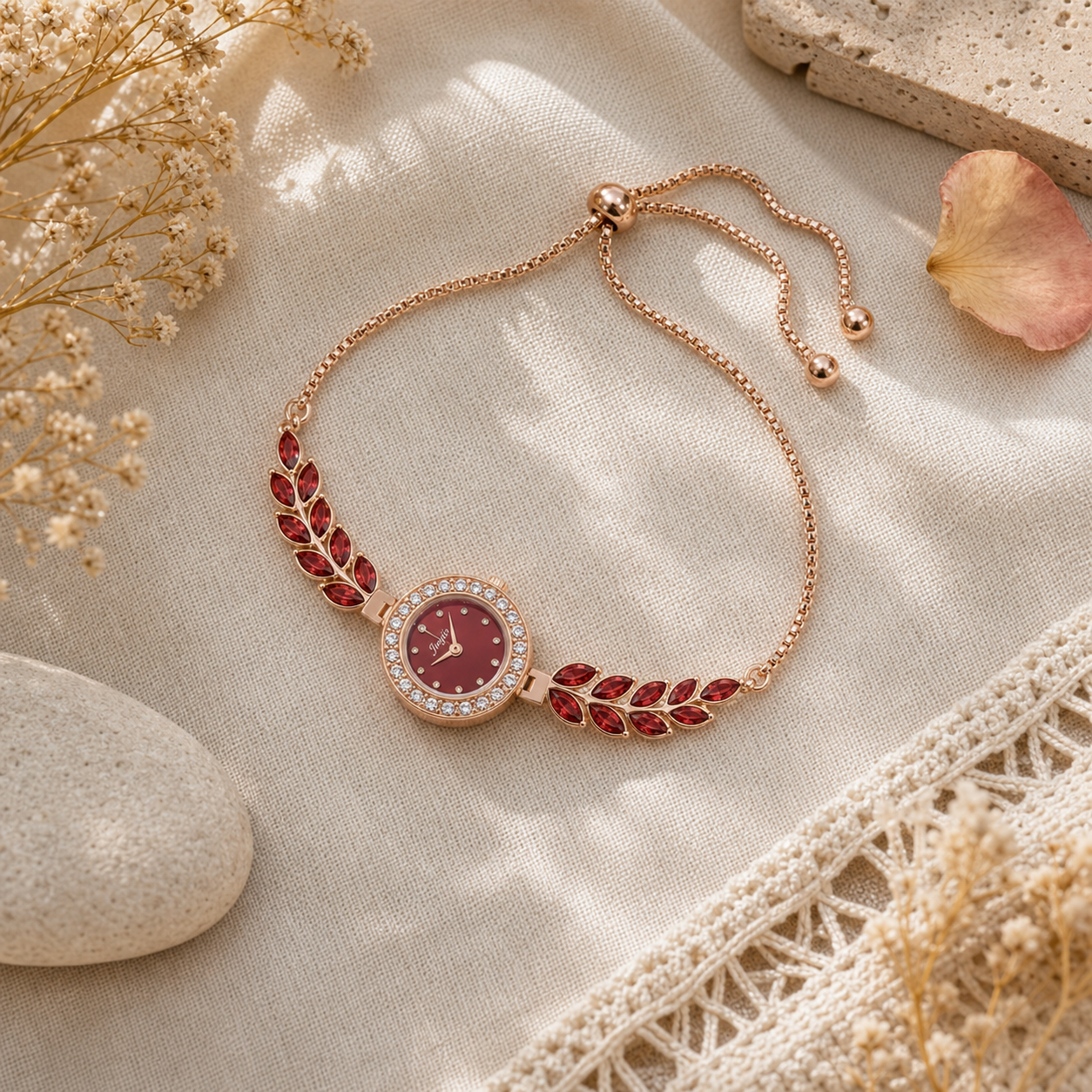 Diamond-encrusted Leaf-shaped Quartz Bracelet Watch