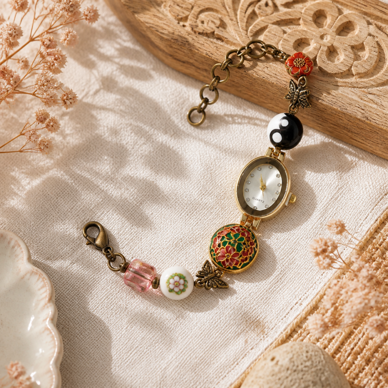 Retro Oval Enamel Bead Bracelet Watch