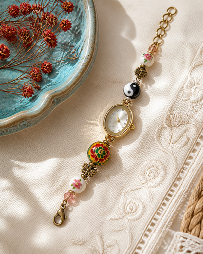 Retro Oval Enamel Bead Bracelet Watch