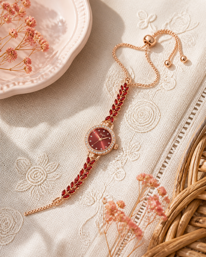 Diamond-encrusted Leaf-shaped Quartz Bracelet Watch