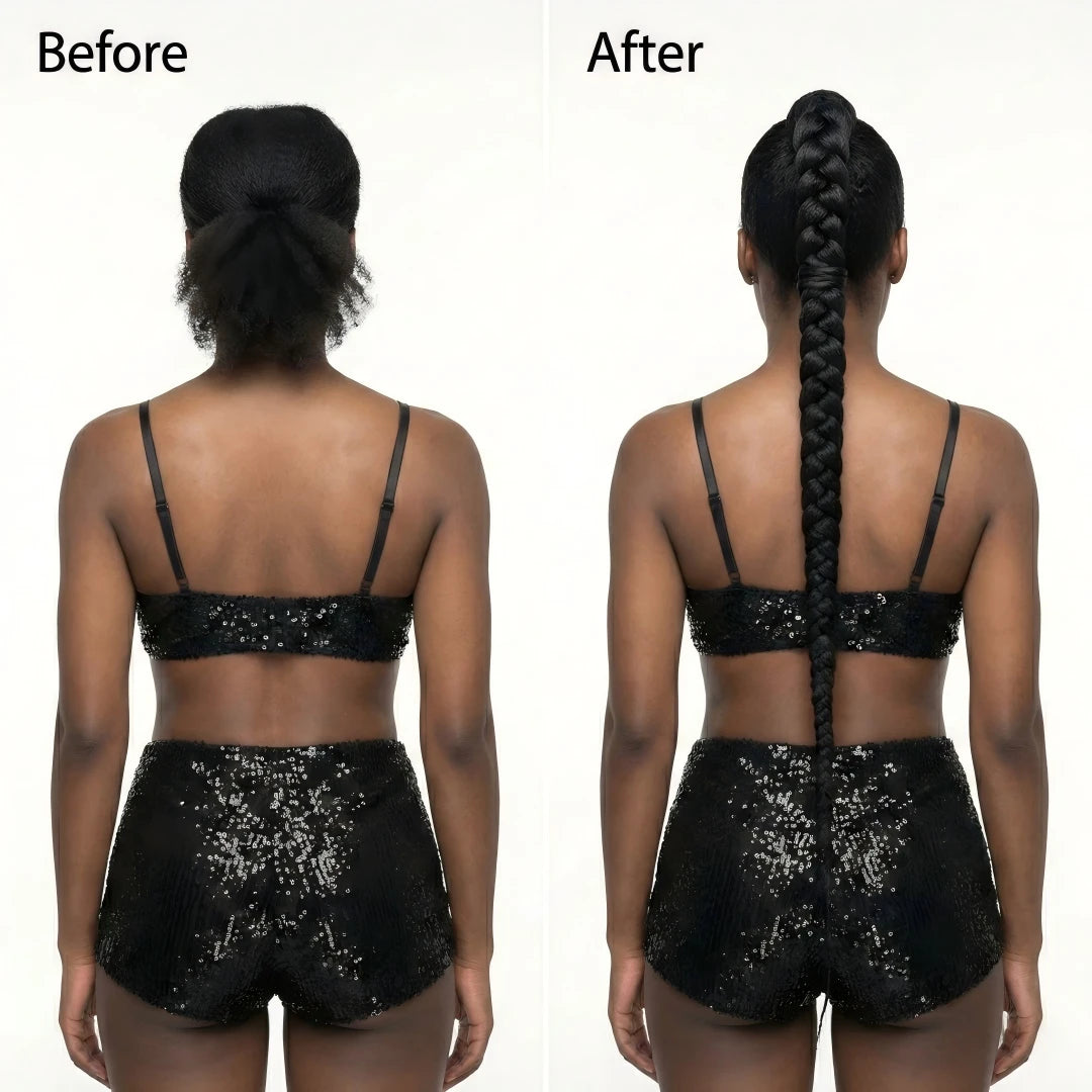 Before and after wearing the 36 inch braided ponytail extension