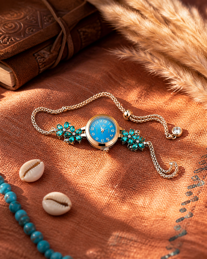 Diamond-Studded Flower-Shaped Colored Watch Bracelet