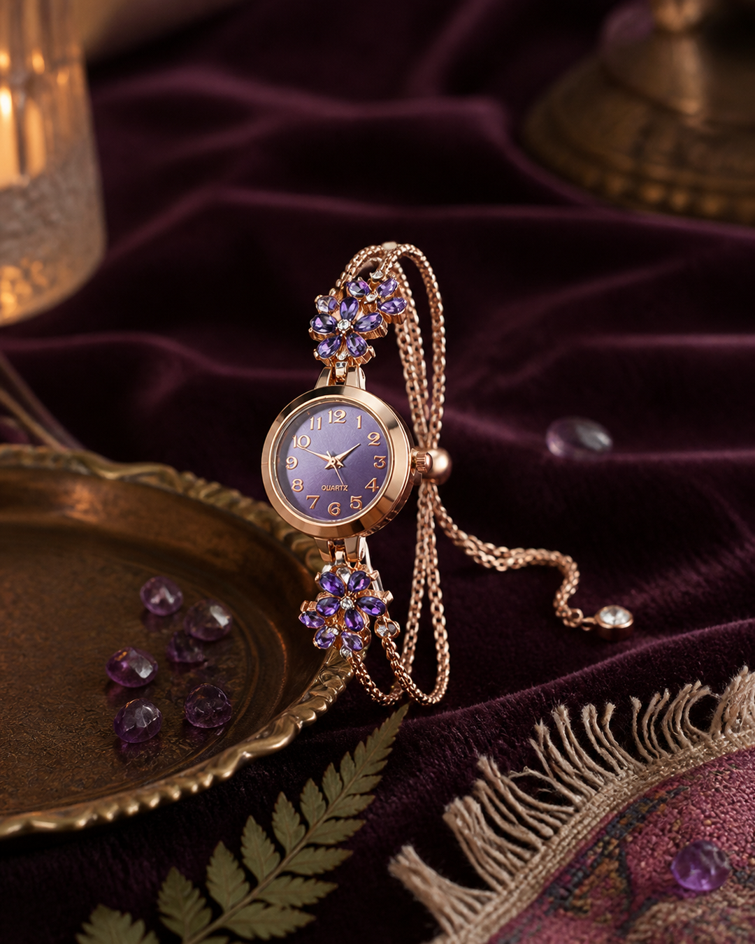 Diamond-Studded Flower-Shaped Colored Watch Bracelet