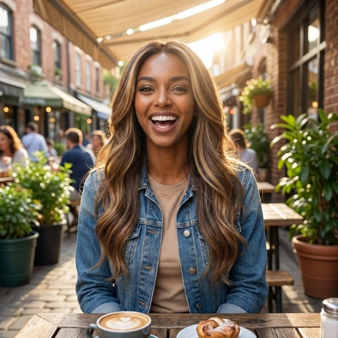 Daily wear long synthetic wig with curtain bangs in a natural outdoor setting