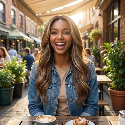 Daily wear long synthetic wig with curtain bangs in a natural outdoor setting