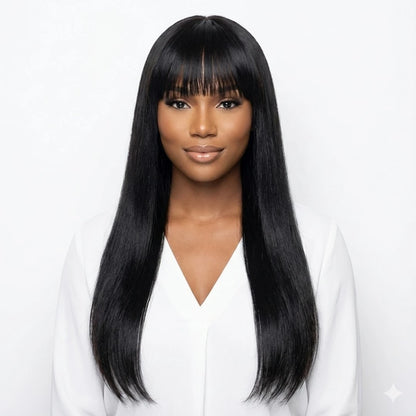 Daily wear machine made straight human hair wig with bangs