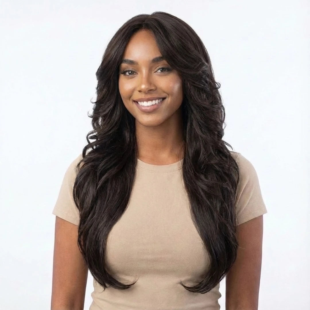 Dark brown bombshell blowout synthetic wig with face framing layers