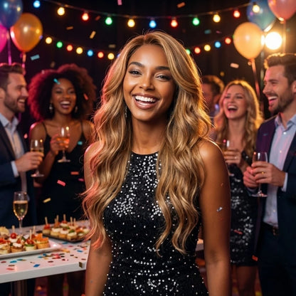 Glueless party wig in bombshell blowout style with blonde highlights