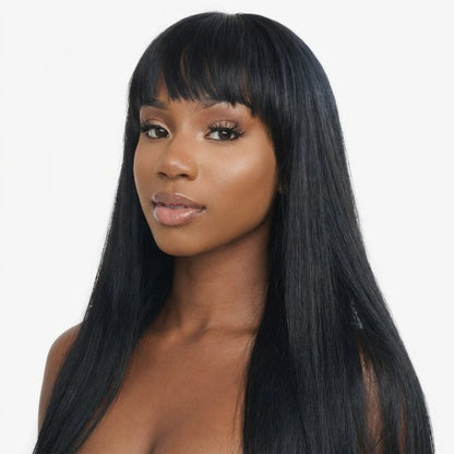 Side angle of long straight human hair fringe wig for black women