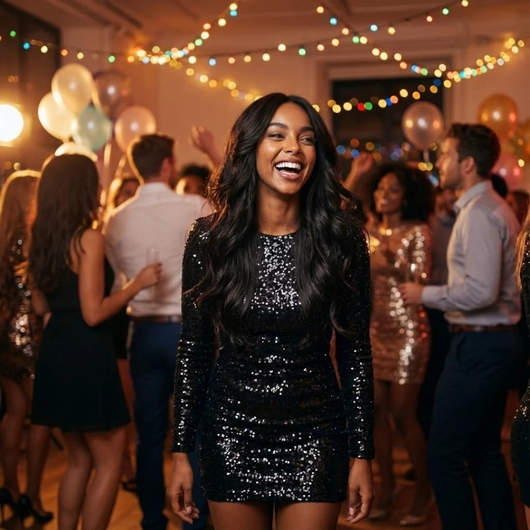 Party look featuring a dark brown voluminous synthetic wig with curtain bangs