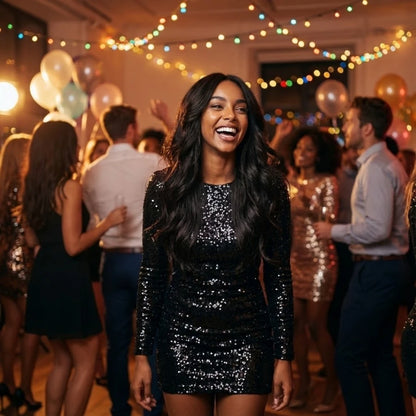 Party look featuring a dark brown voluminous synthetic wig with curtain bangs