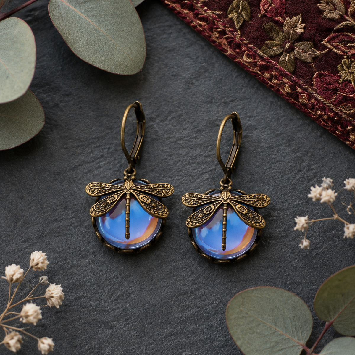 Vintage Moonstone Butterfly Pattern Earrings