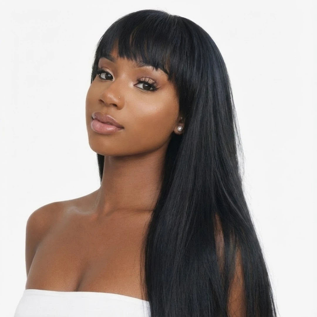 Silky straight human hair wig texture and length profile view