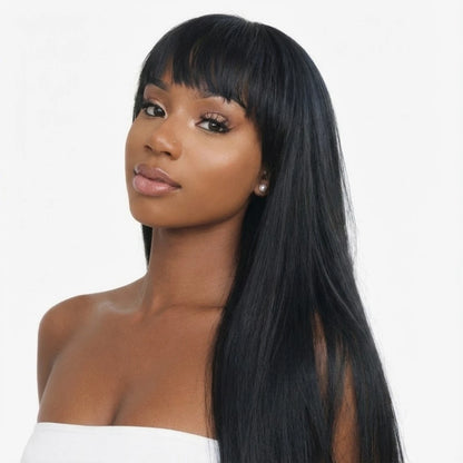 Silky straight human hair wig texture and length profile view